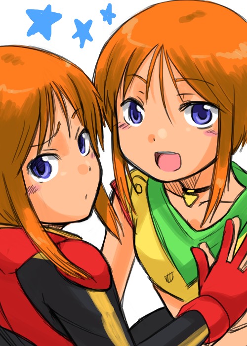 2girls blue_eyes choutako elpeo_puru gundam gundam_zz multiple_girls orange_hair puru puru_two short_hair spacesuit star