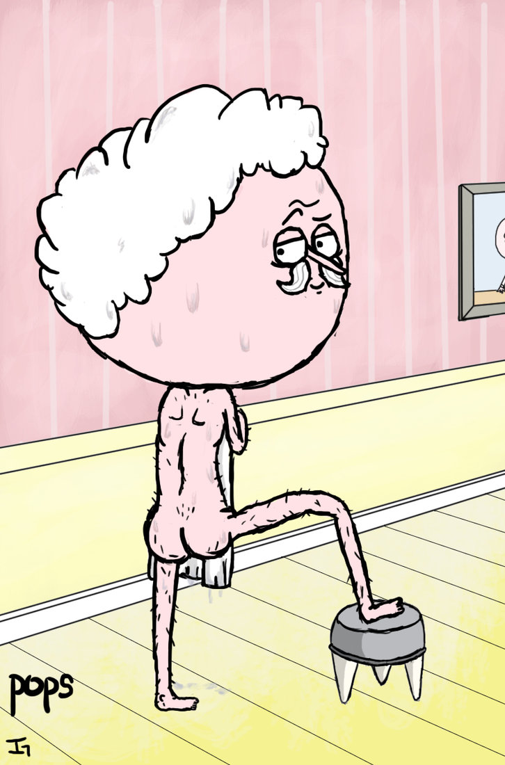 butt cannot_unsee facial_hair hair hairy hat human male mammal mustache not_furry nude picture_frame pops pose regular_show soap solo stool sweat towel wet