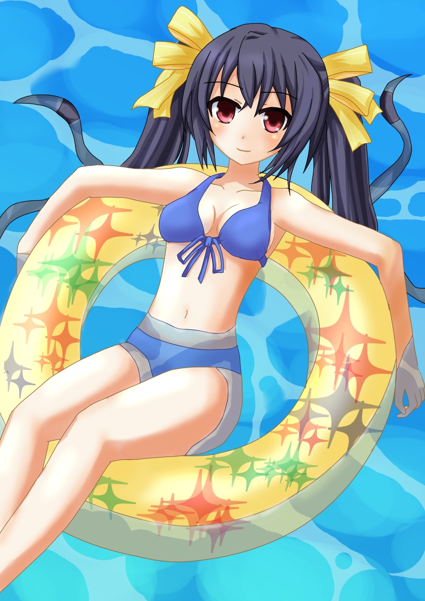 ayastyle bikini black_hair blush bow breasts cleavage front-tie_top hair_bow hair_ornament highres innertube long_hair looking_at_viewer medium_breasts navel neptune_(series) noire partially_submerged red_eyes sarvuant smile solo swimsuit twintails very_long_hair wardrobe_error water