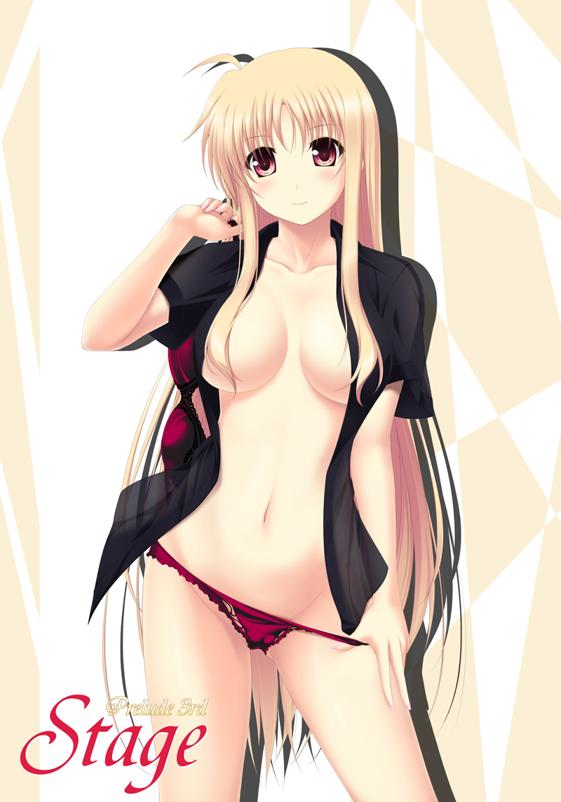 amicis blonde_hair bra bra_removed breasts censored convenient_censoring fate_testarossa hair_censor hair_over_breasts large_breasts long_hair looking_at_viewer lyrical_nanoha mahou_shoujo_lyrical_nanoha_strikers navel open_clothes open_shirt panties panty_pull red_bra red_eyes red_panties shirt smile solo underwear very_long_hair