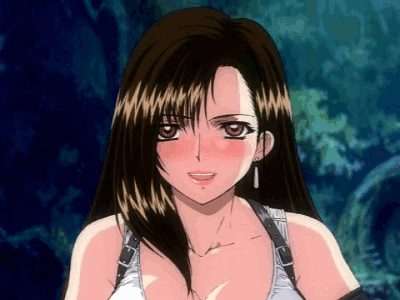 animated animated_gif black_hair blush breasts cleavage final_fantasy final_fantasy_vii hitsuki large_breasts lipstick lowres makeup nipples tifa_lockhart