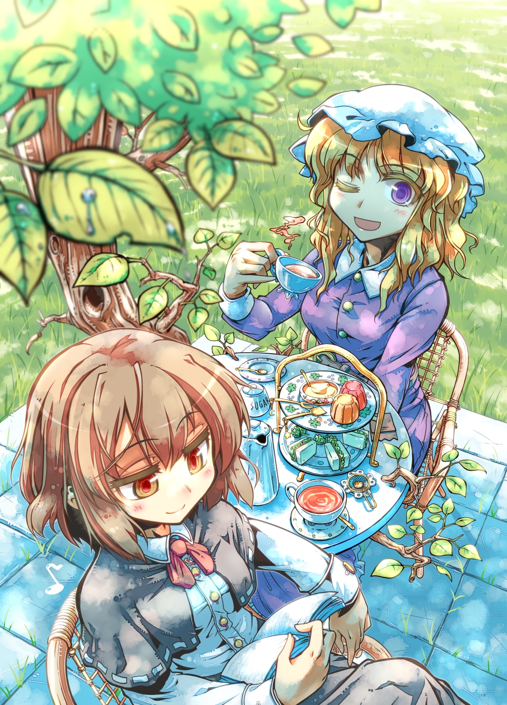 ;d blonde_hair blush book brown_eyes brown_hair capelet chair cup grass highres holding looking_at_viewer maribel_hearn multiple_girls no_hat no_headwear okome_(kome_kuma) one_eye_closed open_book open_mouth plate purple_eyes short_hair sitting smile spoon table teacup teapot tiered_tray touhou tree usami_renko