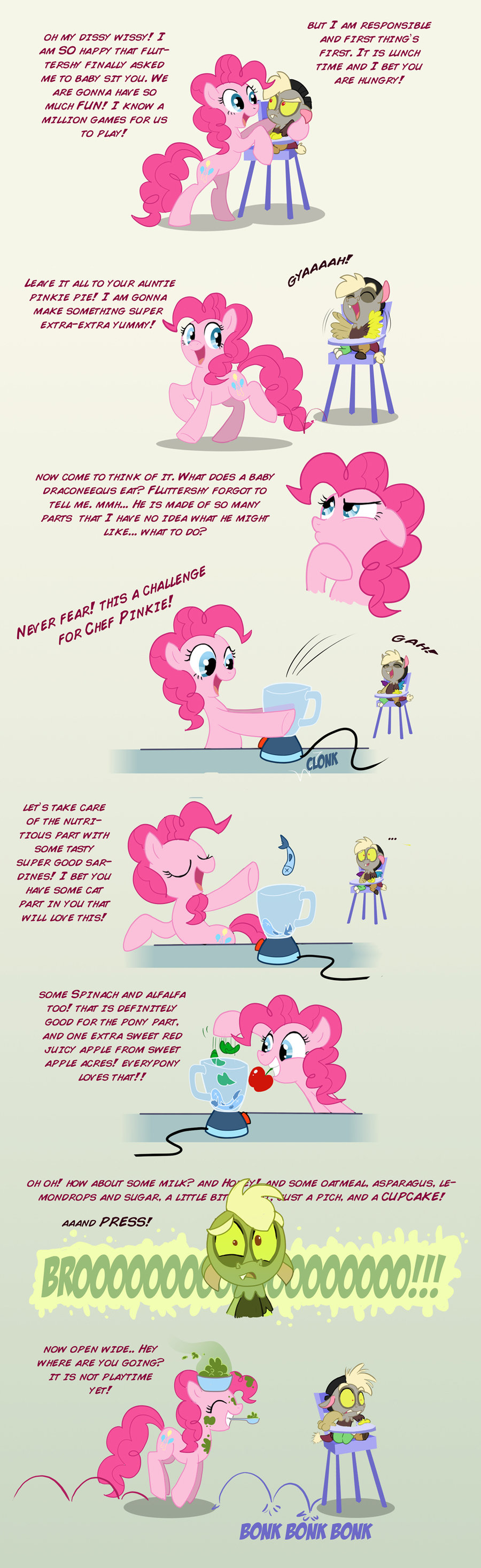 comic cutie_mark discord_(mlp) draconequus english_text equine fangs fear female feral food friendship_is_magic hair horse male mammal my_little_pony pink_hair pinkie_pie_(mlp) plain_background pony sick spiritto text
