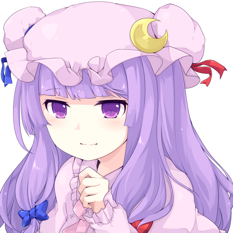 bad_id bad_pixiv_id bow capelet crescent face fuyu-nagi hair_bow hat long_hair patchouli_knowledge purple_hair smile solo touhou white_background
