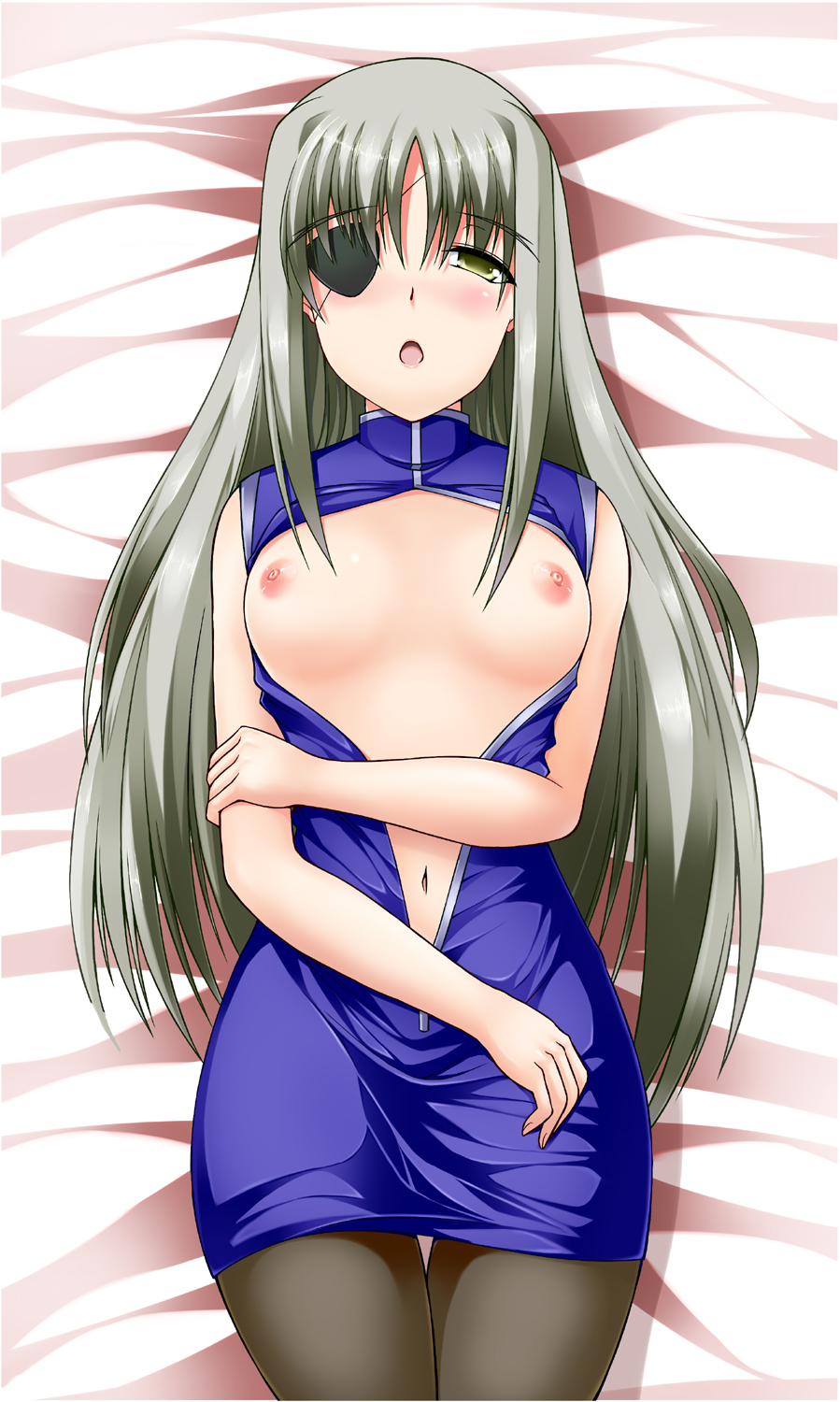 :o blush breasts breasts_outside cinque_(nanoha) dress eyepatch highres long_hair lying lyrical_nanoha mahou_shoujo_lyrical_nanoha_strikers medium_breasts nipples numbers_(nanoha) open_clothes open_dress pantyhose sakura_yuu short_dress silver_hair solo yellow_eyes