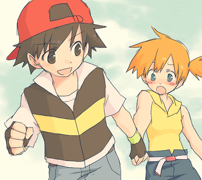 1girl backwards_hat baseball_cap belt black_eyes black_hair blue_eyes blush embarrassed fingerless_gloves gloves hat holding_hands hood hoodie jacket kasumi_(pokemon) lowres ochappa orange_hair pokemon pokemon_(anime) satoshi_(pokemon) side_ponytail sketch sleeveless sleeveless_hoodie smile