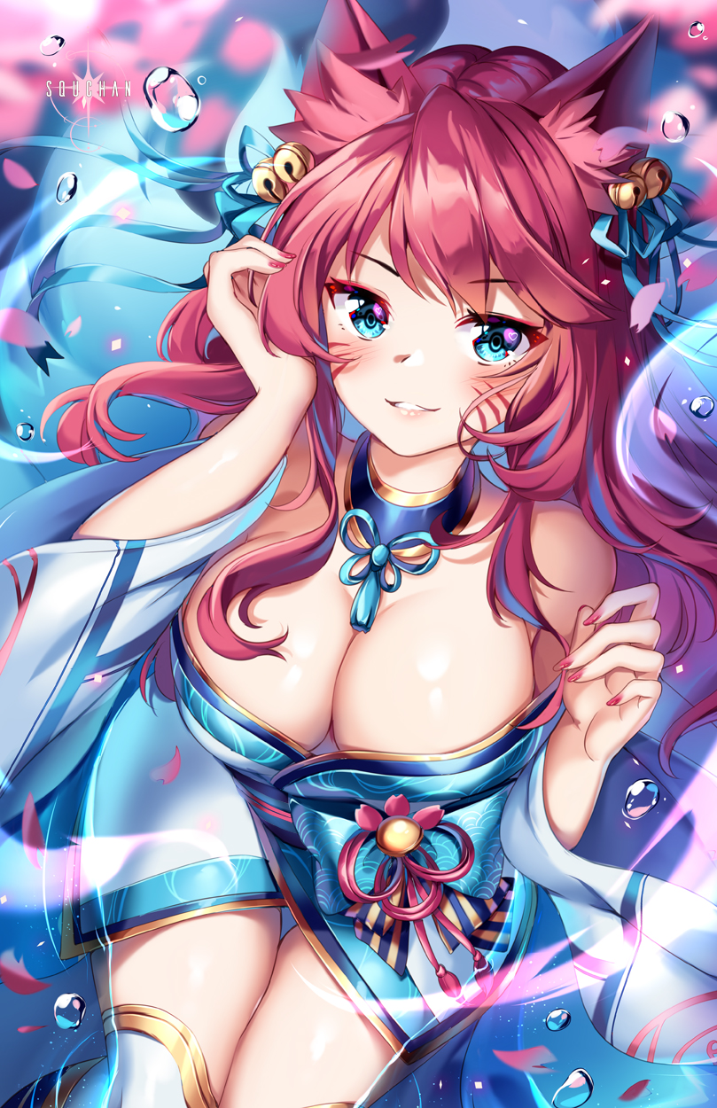 1girl ahri animal_ear_fluff animal_ears artist_name bangs bare_shoulders bell blue_eyes blue_hair blue_kimono blue_ribbon blurry blurry_background blush breasts brown_hair cleavage commentary depth_of_field eyebrows_visible_through_hair fox_ears hair_bell hair_ornament hair_ribbon hand_up highres japanese_clothes jingle_bell kimono large_breasts league_of_legends long_hair long_sleeves looking_at_viewer multicolored_hair nail_polish off_shoulder parted_lips petals red_nails ribbon sitting solo spirit_blossom_ahri squchan streaked_hair thigh_gap thighhighs whisker_markings white_legwear wide_sleeves