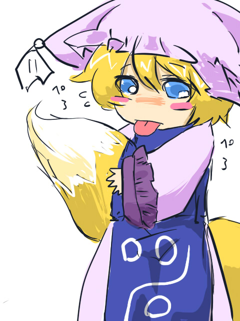 animal_ears bad_id bad_pixiv_id blonde_hair blue_eyes fox_tail hat long_sleeves pillow_hat short_hair solo tail tassel tongue tongue_out touhou white_background wide_sleeves yakumo_ran younger