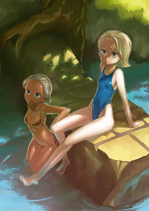 arm_support barefoot bikini blonde_hair blue_eyes curry_(dbt) dark_skin eyebrows flat_chest highleg highleg_swimsuit leaning_back multiple_girls one-piece_swimsuit original pointy_ears red_bikini rock short_eyebrows short_hair silver_hair sitting swimsuit wading water