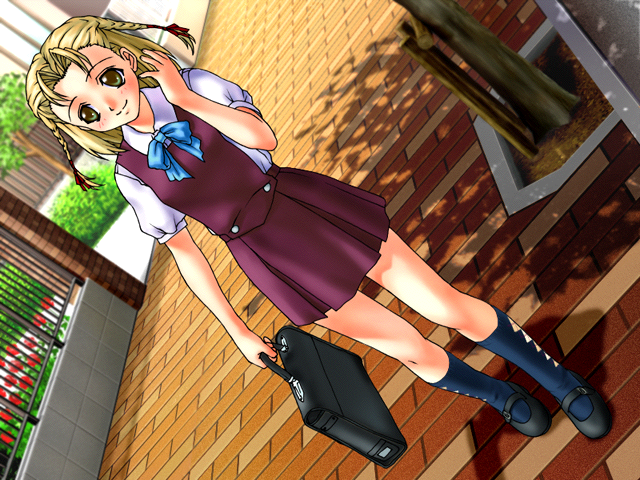 1girl adachi_rika adjusting_hair bag blonde_hair braid game_cg hair_ribbon joy_ride libido loli outdoors outside pinup_girls ribbon school_bag school_uniform smile solo twin_braid twin_braids