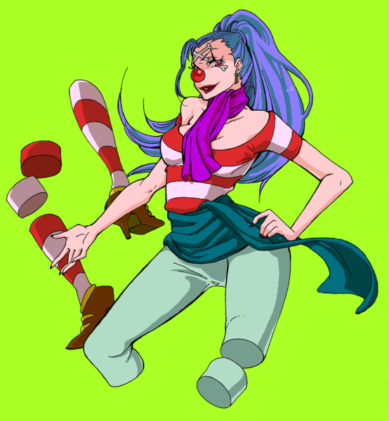 1girl blue_hair buggy_the_clown clown_nose cravat crossbones detached disembodied_limb dismembered facial_mark facial_markings female full_body genderswap green_background hand_on_hip hips looking_at_viewer one_piece pirate pixiv_thumbnail ponytail red_eyes resized sash scarf shirt simple_background solo striped striped_legwear striped_shirt