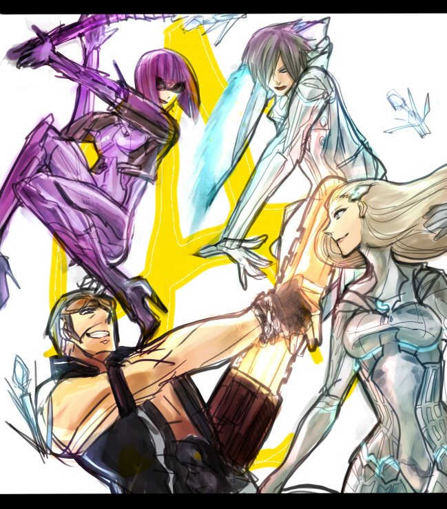 2boys 2girls anarchy_reigns blonde_hair bodysuit brown_hair chainsaw cyborg goggles grey_hair jack_cayman jacket leonhardt_victorion long_hair mace madworld mathilda mathilda_(madworld) max_anarchy multiple_boys multiple_girls purple_hair sasha_ivanoff skin_tight skintight sunglasses weapon