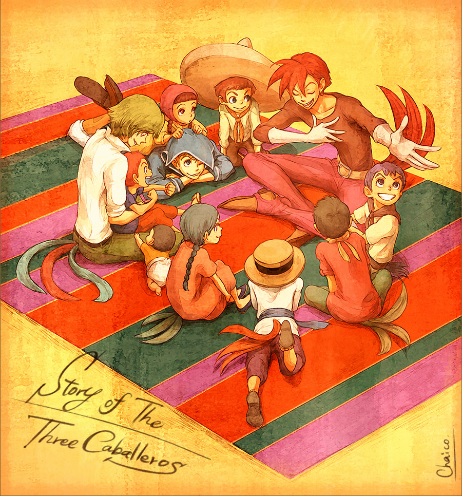 baby belt blue_eyes braid brown_eyes brown_hair buckle chaiko child closed_eyes collarbone copyright_name disney donald_duck green_eyes green_hair grin hat jose_carioca lying multiple_boys multiple_girls on_stomach open_mouth panchito_pistoles personification porkpie_hat red_hair rug sailor smile sombrero the_three_caballeros twin_braids