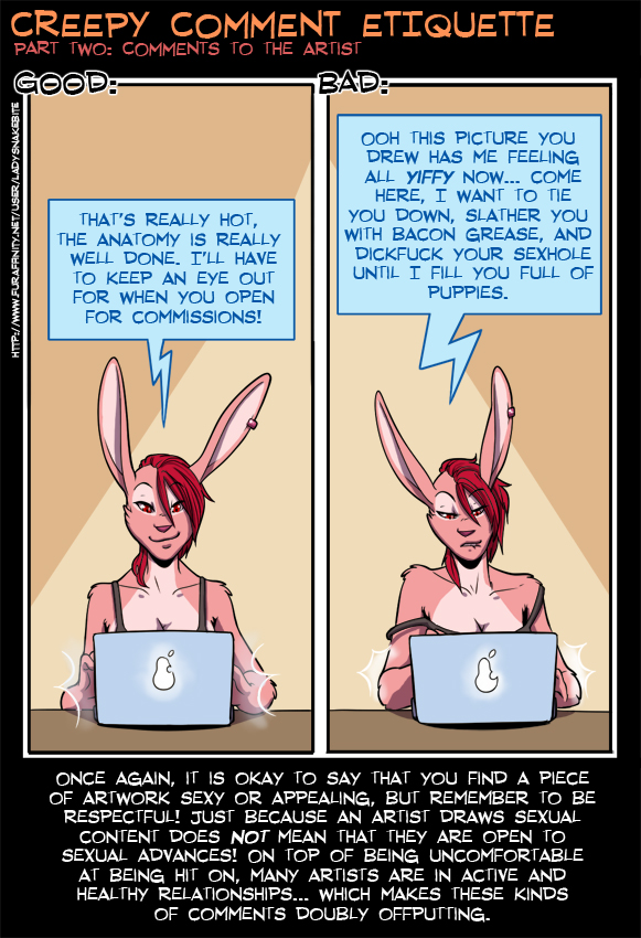 cleavage clothed clothing comment comparison computer dialog dialogue ear_piercing english_text fabinella female fruit hair how_to lady_snakebite lagomorph laptop mammal pear piercing rabbit red_eyes red_hair shirt sitting solo tank_top text