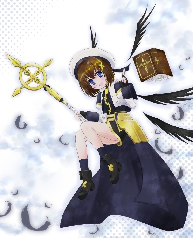 :d armor blue_eyes blush book brown_hair feathers fingerless_gloves gloves hachikei hair_ornament hair_ribbon hat lyrical_nanoha mahou_shoujo_lyrical_nanoha mahou_shoujo_lyrical_nanoha_a's open_mouth puffy_sleeves ribbon schwertkreuz skirt smile solo tome_of_the_night_sky wings x_hair_ornament yagami_hayate