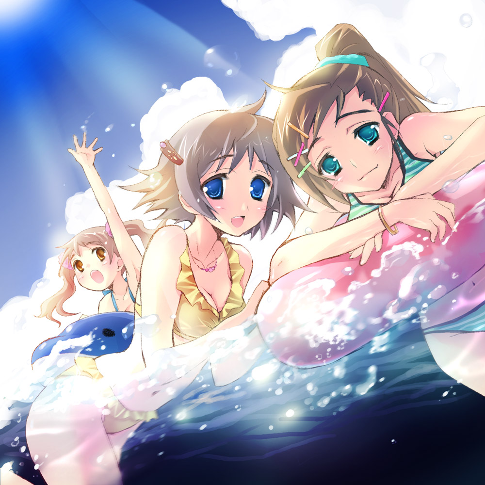 :d aqua_eyes bikini blue_eyes blush breasts brown_eyes brown_hair cleavage collarbone grey_hair inflatable_dolphin inflatable_toy innertube looking_at_viewer medium_breasts multiple_girls nekou_izuru open_mouth original outstretched_arm partially_submerged ponytail short_hair smile striped striped_bikini striped_swimsuit swimsuit twintails water