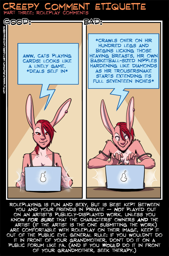 comment comparison computer ear_piercing english_text fabinella female fruit hair how_to humor lady_snakebite lagomorph laptop mammal pear piercing rabbit red_eyes red_hair shirt sitting solo tank_top text
