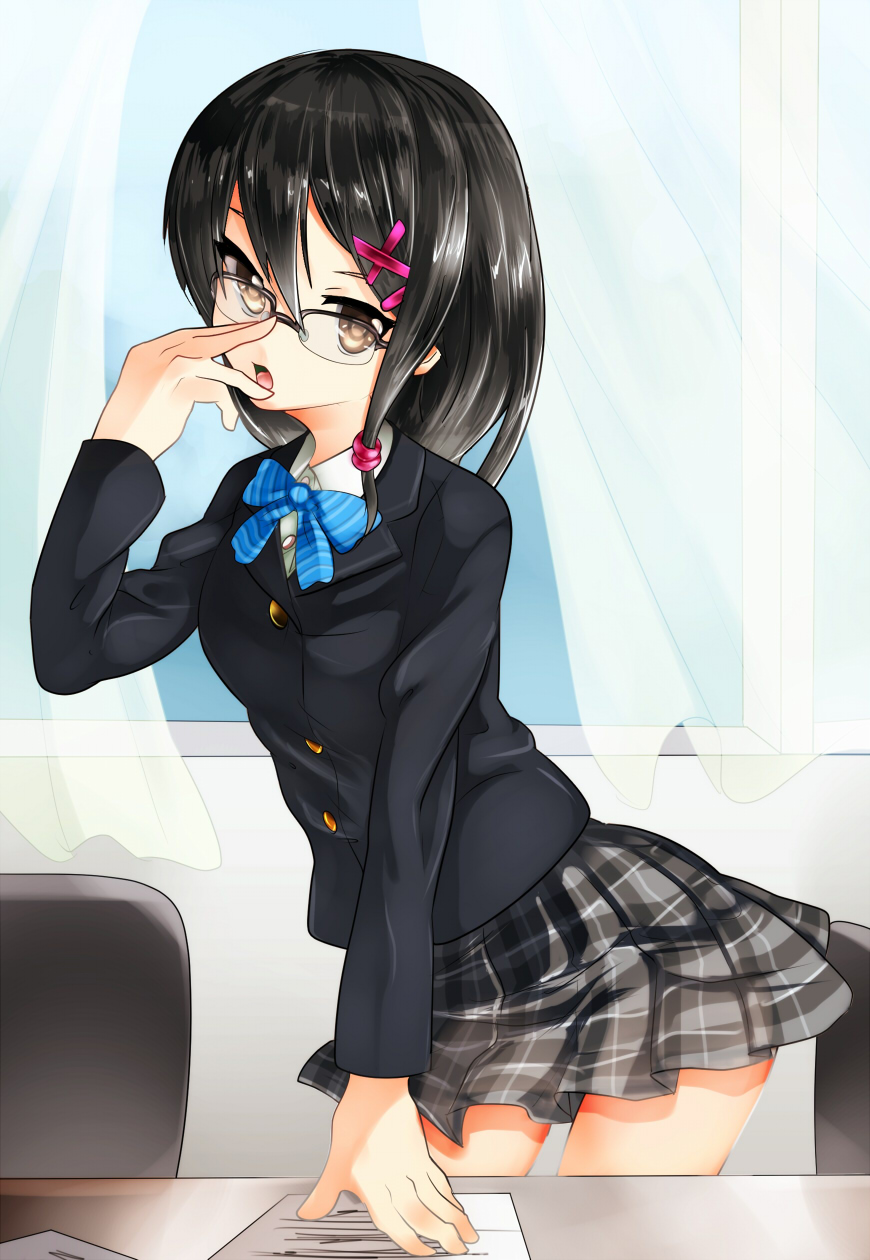 1girl adjusting_glasses artist_request black_hair blue_sky brown_eyes female glasses hair_ornament highres open_mouth original paper plaid school_uniform short_hair skirt sky solo tartan