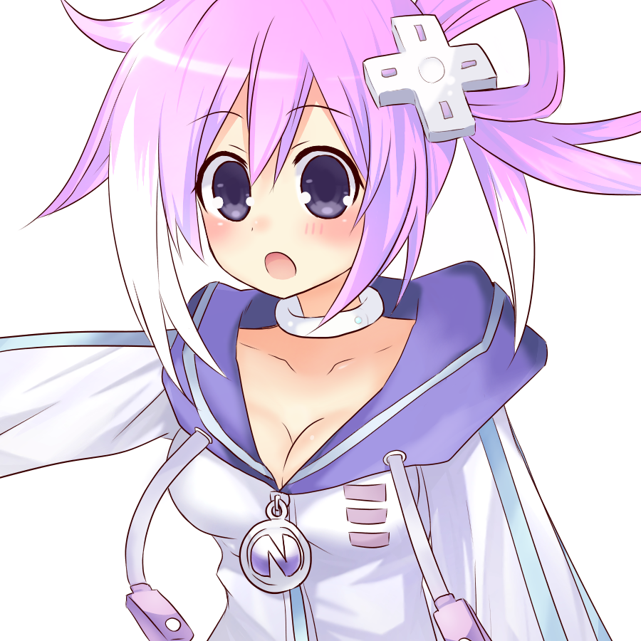 :o alternate_color blush breasts choker choujigen_game_neptune cleavage collarbone cosplay d-pad d-pad_hair_ornament hair_ornament hood hoodie looking_at_viewer medium_breasts neptune_(choujigen_game_neptune) neptune_(choujigen_game_neptune)_(cosplay) neptune_(series) open_mouth purple_eyes purple_hair red_(choujigen_game_neptune) sakura_hayato short_hair solo upper_body