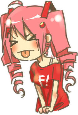 &gt;_&lt; 1girl ahoge bra_strap chibi closed_eyes clothes_writing drill_hair fakku long_hair lowres momoka_(fakku) pink_hair shirt shirt_tug solo t-shirt tongue tongue_out transparent_background twin_drills twintails