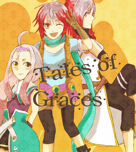3girls ahoge belt breasts brown_eyes coat copyright_name elbow_gloves fourier gloves long_hair multicolored_hair multiple_girls open_mouth orange_background pants pascal poisson scarf shoes short_hair smile tales_of_(series) tales_of_graces wink yellow_eyes