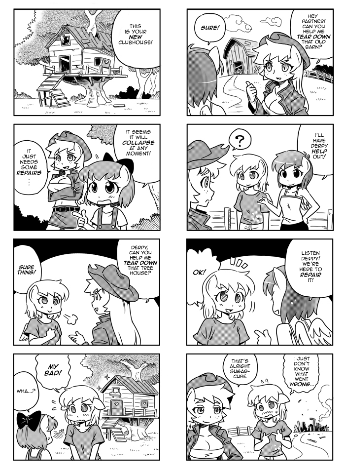 anthro anthrofied apple_bloom_(mlp) applebloom_(mlp) applejack_(mlp) blush building clothing comic cowboy_hat cutie_mark_crusaders_(mlp) derpy_hooves_(mlp) dialog dialogue english_text equine female friendship_is_magic hat horse mammal my_little_pony outside pegasus pony rainbow_dash_(mlp) shepherd0821 text tree tree_house wings wood young