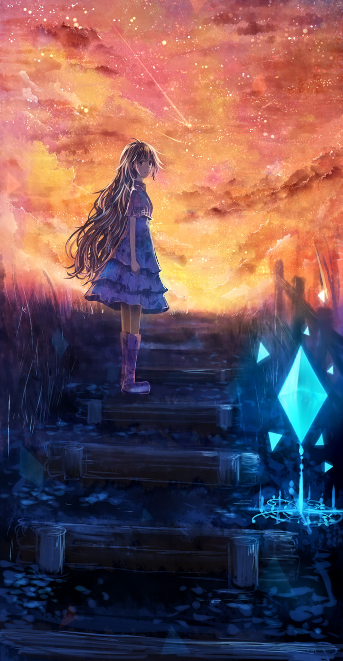 arms_at_sides backlighting bangs blue_dress boots brown_eyes brown_hair cloud crystal dress from_side grass highres knee_boots light_smile long_hair looking_at_viewer looking_back original outdoors purple_footwear red_sky sakimori_(hououbds) shooting_star short_sleeves sky solo stairs standing star_(sky) starry_sky sunset very_long_hair wavy_hair