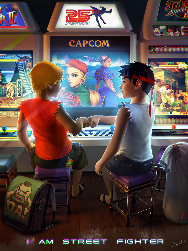 alex_(street_fighter) arcade arcade_cabinet backpack bag bare_shoulders beret black_hair blanka blonde_hair cameo cammy_white child chun-li dhalsim double_bun dudley fist_bump from_behind hat headband ken_masters keychain makoto_(street_fighter) male_focus multiple_boys pants pantyhose profile q_(street_fighter) randis ryuu_(street_fighter) sandals shirt short_sleeves shorts sitting sleeveless sleeveless_shirt stool street_fighter street_fighter_ii_(series) street_fighter_iii_(series) twelve video_game younger zangief