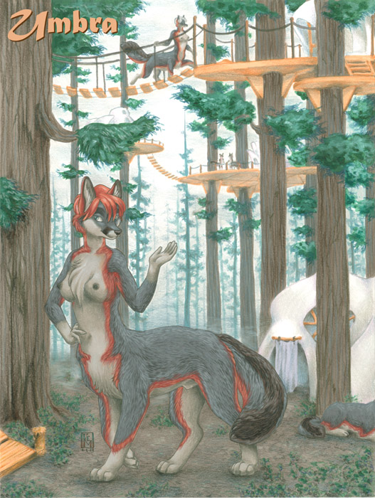 blue_eyes bridge canine detailed_background dickgirl fox foxtaur fur gray_fur grey_fox grey_fur herm intersex kacey looking_at_viewer lying mammal nipples nude penis red_fur sheath smile taur tent tree treetop_village umbra village walking waving wood