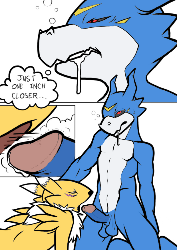 balls blowing breath breathing canine chest_tuft comic digimon drooling duo fangs female flamedramon fox fur male mammal nanogrrr nostrils nude open_mouth penis plain_background red_eyes renamon saliva scalie tuft video_games white_background