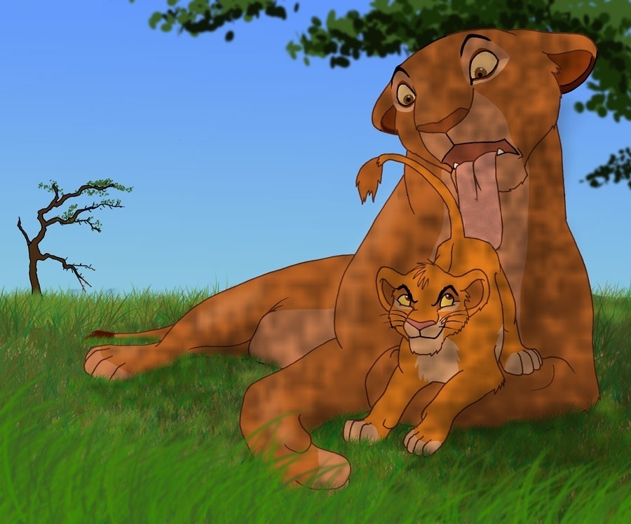 cub disney feline female feral hindpaw licking lion lioness looking male mammal paws raised_tail sarabi simba the_lion_king tongue young