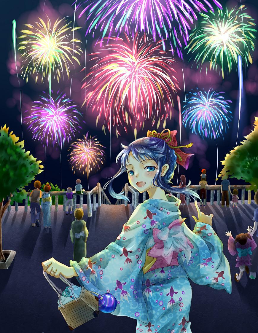 6+girls basket blue_eyes blue_hair child fence fireworks hair_ribbon japanese_clothes kimono long_hair multiple_boys multiple_girls nekozuki_yuki obi open_mouth original ribbon sash short_hair smile tree wide_sleeves yukata