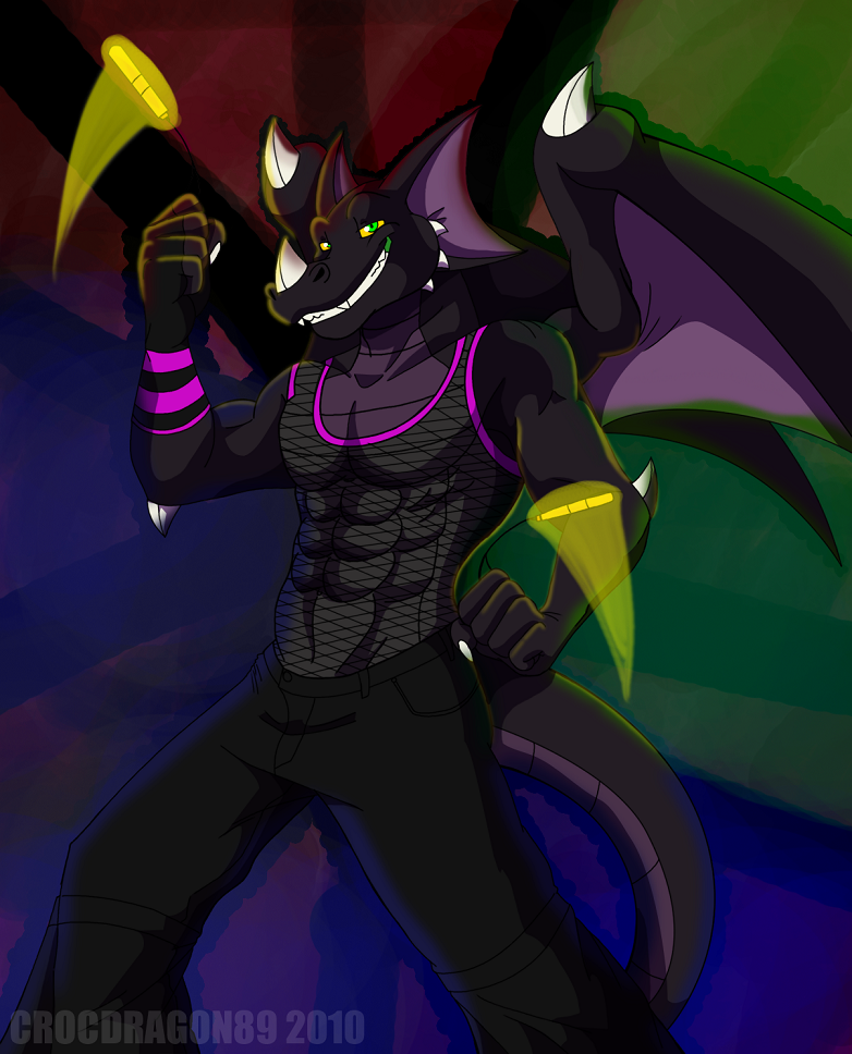 abs anthro biceps black_dragon black_scales black_skin clothing crocdragon89 dragon fangs glowstick green_eyes handsome male multicolored_background muscles pecs purple_body rave shirt solo tank_top teeth wings yellow_sclera zeke_(crocdragon89)