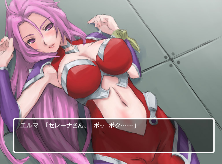 bodysuit breasts cleavage large_breasts long_hair midriff purple_eyes purple_hair selena_recital shimano_natsume solo super_robot_wars the_3rd_super_robot_wars_alpha