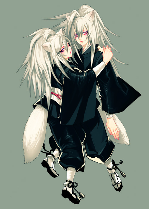 animal_ears bad_id bad_pixiv_id face fox_ears fox_tail japanese_clothes long_hair male_focus multiple_boys original pink_eyes silver_hair tail ueda_toraji