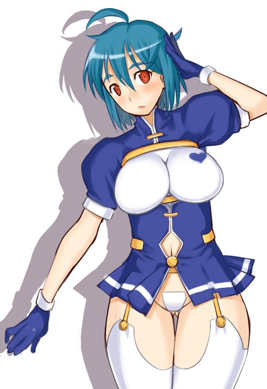 adjusting_hair ahoge aqua_hair bottomless breasts copyright_request gloves green_hair heart large_breasts maebari nagase_haruhito red_eyes solo thighhighs