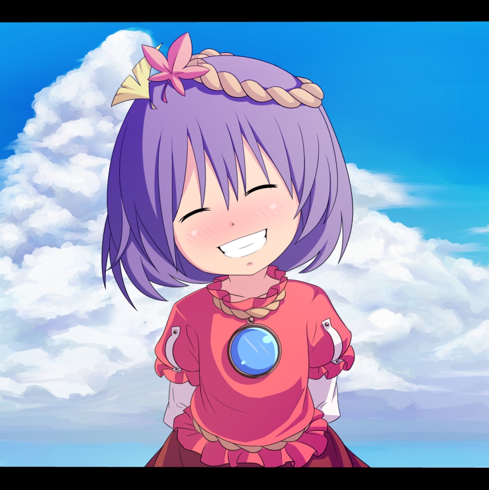 ^_^ blush child closed_eyes cloud day hair_ornament leaf letterboxed purple_hair short_hair sky solo tatuhiro touhou yasaka_kanako