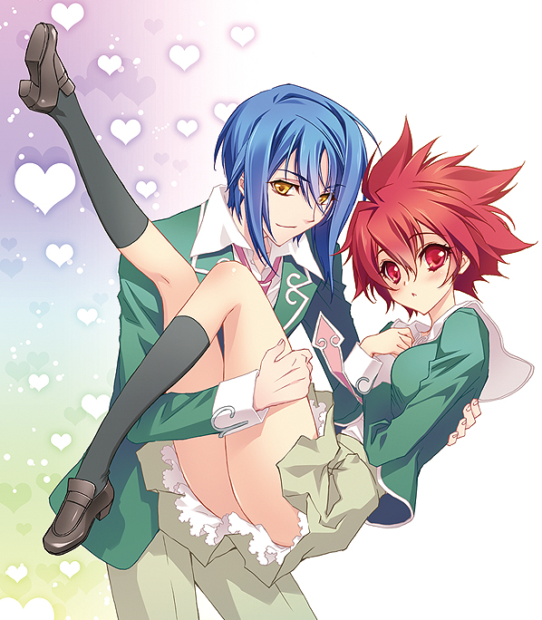 1girl amamiya_poran black_legwear blue_hair carrying genderswap genderswap_(mtf) heart kneehighs looking_at_viewer necktie red_eyes red_hair school_uniform shindou_sugata southern_cross_academy_uniform star_driver tsunashi_takuto yellow_eyes