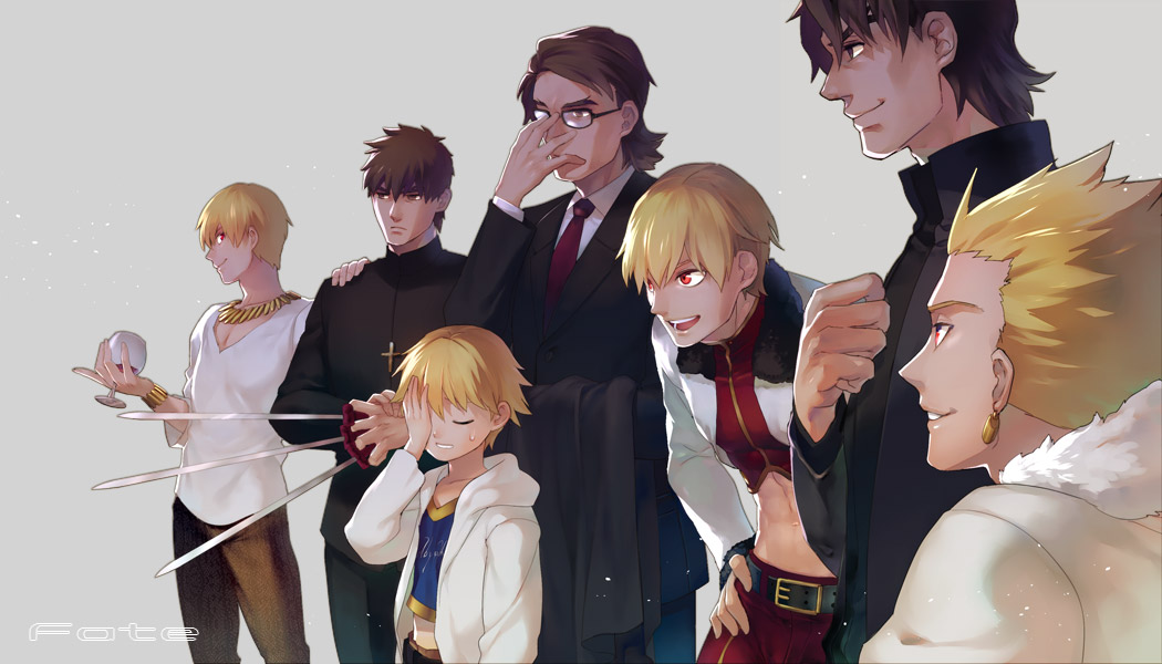 bad_id bad_pixiv_id banned_artist black_keys blonde_hair bracelet brown_eyes brown_hair child child_gilgamesh cross cross_necklace cup drinking_glass facepalm fate/hollow_ataraxia fate/stay_night fate/tiger_colosseum fate/zero fate_(series) formal gilgamesh glasses grey_background group_picture group_profile jewelry kotomine_kirei lineup male_focus midriff multiple_boys multiple_persona necklace necktie older profile red_eyes simple_background smi_(enraku) suit wine_glass younger