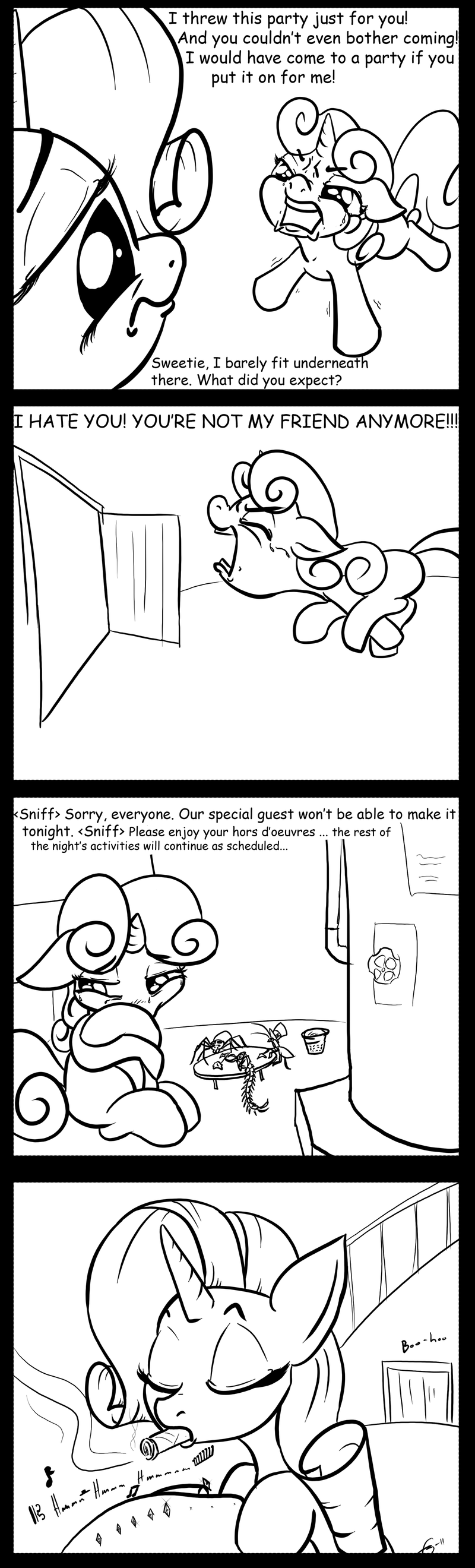 arachnid arthropod black_and_white cigar comic crying cub dialog dialogue english_text equine female feral friendship_is_magic gavalanche hair horn horse humming insect mammal monochrome my_little_pony pony rarity_(mlp) sibling siblings sisters smoking spider sweetie_belle_(mlp) tears text unicorn young