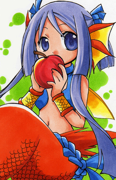 apple blue_eyes blue_hair bracer food fruit head_fins holding holding_food holding_fruit long_hair looking_at_viewer marker_(medium) mermaid millipen_(medium) mixed_media monster_girl nietzsche rope scales sitting solo traditional_media yggdra_union