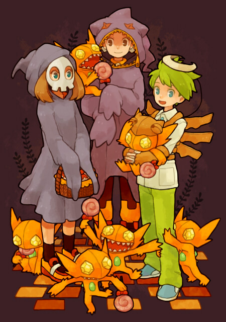 2boys alternate_color alternate_costume banette basket blue_eyes candy carrying child duskull food gen_3_pokemon green_hair halloween haruka_(pokemon) holding hug ikra_(katacoly) lollipop mask mitsuru_(pokemon) multiple_boys open_mouth poke_ball pokemon pokemon_(creature) pokemon_(game) pokemon_rse sableye shedinja shiny_pokemon smile standing yuuki_(pokemon)