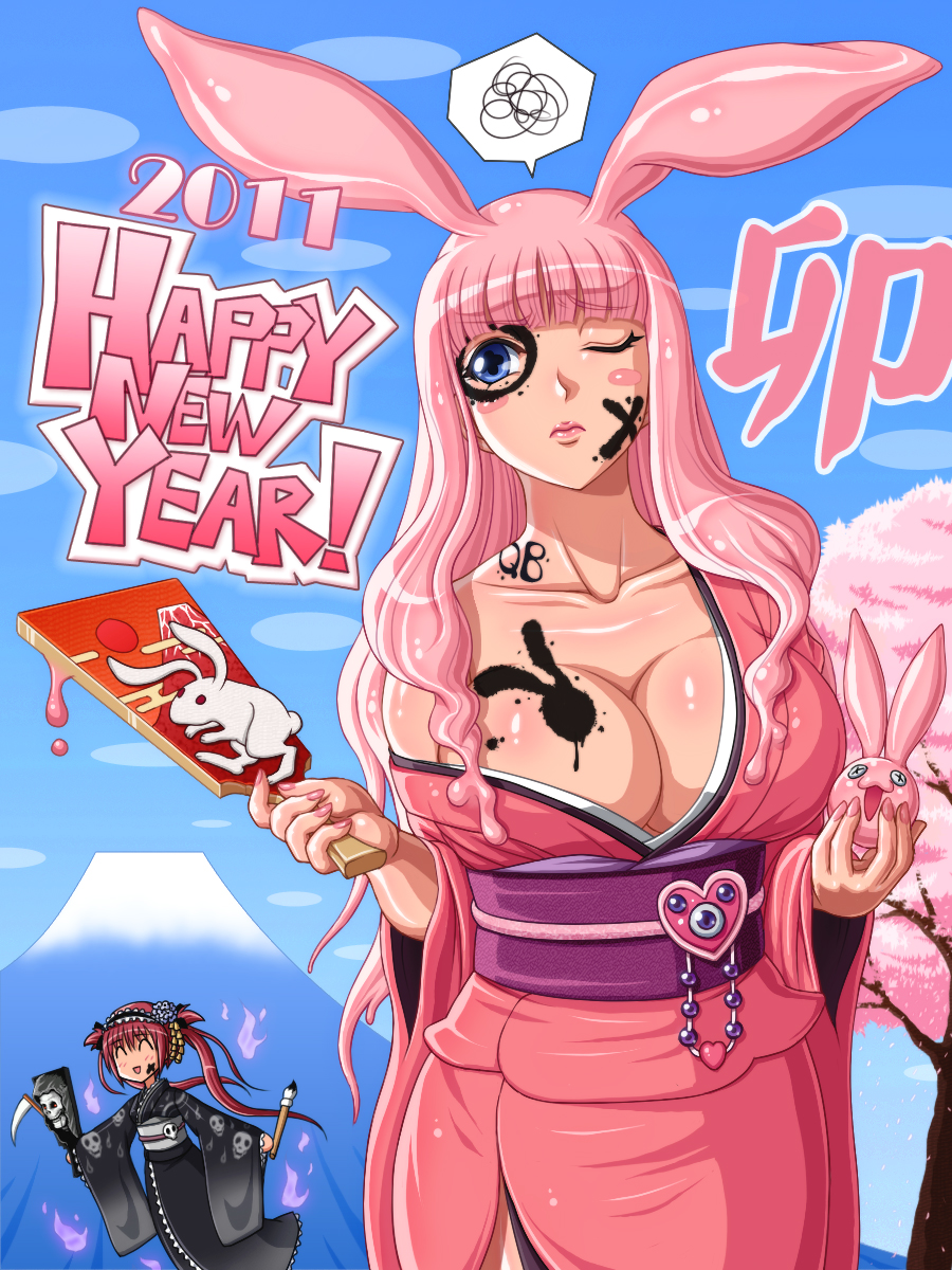2011 2girls airi airi_(queen's_blade) animal_ears blush_stickers body_paint body_writing bodypaint breasts bunny_ears cleavage goo_girl happy_new_year highres huge_breasts japanese_clothes jewelry large_breasts lipstick long_hair makeup melona monster_girl mucoro multiple_girls new_year one_eye_closed paintbrush pink_hair queen's_blade queen's_blade skull tree very_long_hair wink