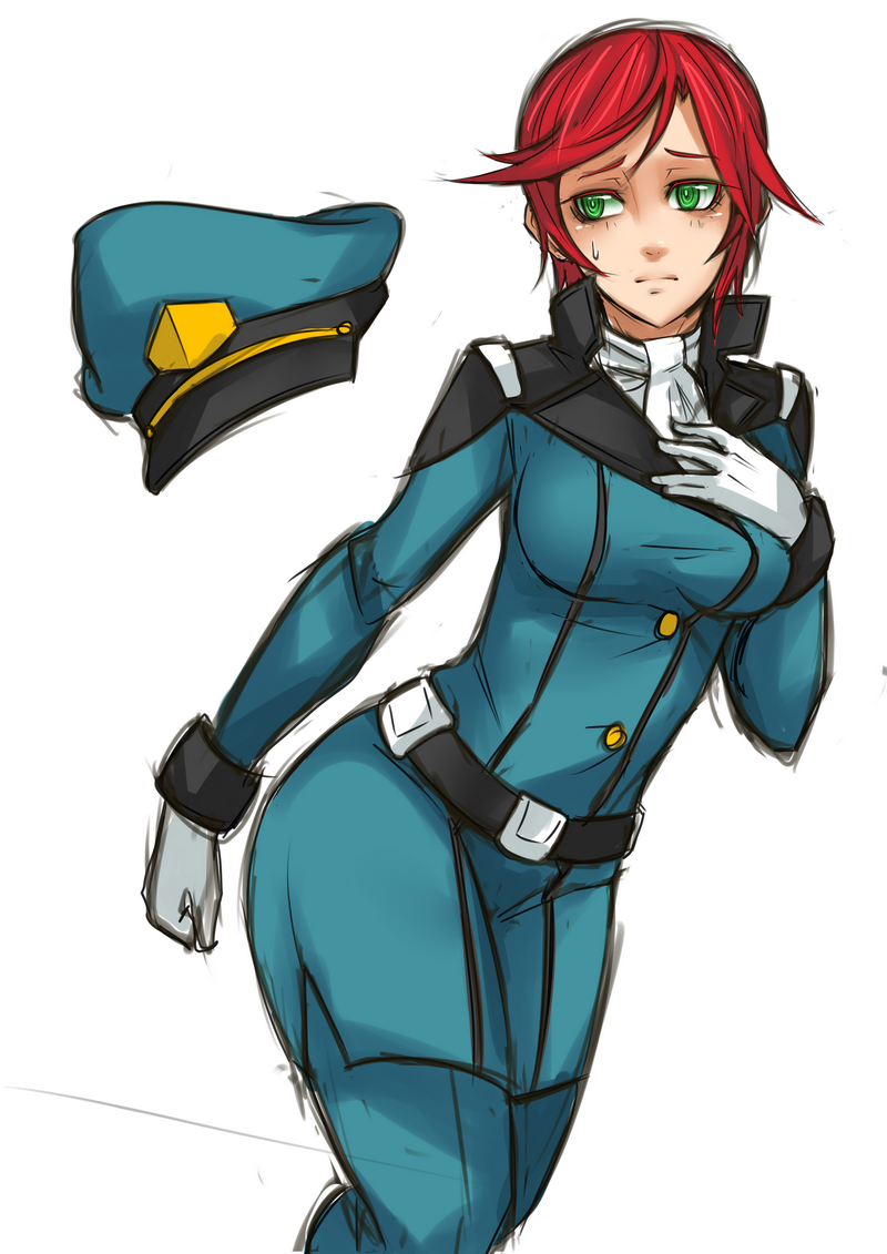 breasts exaxuxer gloves green_eyes gundam gundam_age hat hips medium_breasts military military_uniform natora_einus red_hair short_hair solo sweatdrop uniform