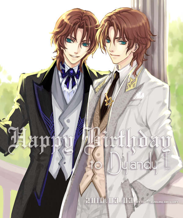 birthday blue_eyes brothers brown_hair formal green_eyes gundam gundam_00 happy_birthday kagalin lyle_dylandy multiple_boys neil_dylandy pillar short_hair siblings suit twins watermark web_address