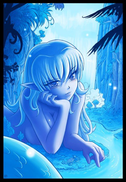 blue_eyes blue_hair blue_skin blush elf_ears forest karbo lamia long_hair monster_girl nature pointy_ears vore water waterfall