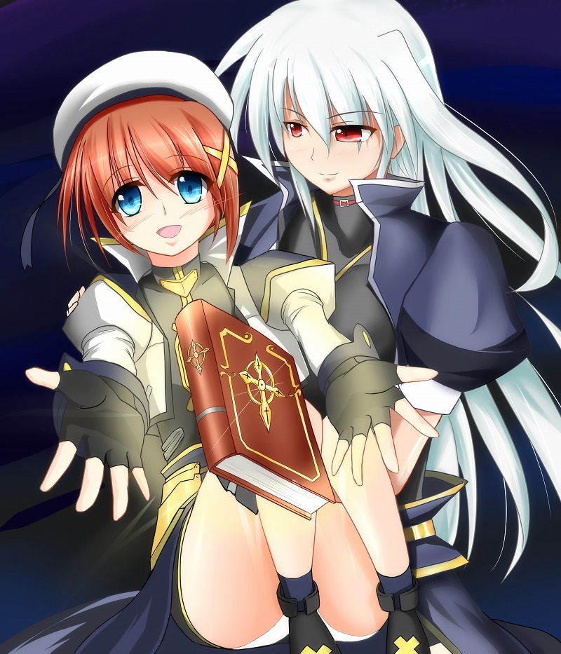 blue_eyes blush brown_hair carrying cropped_jacket fingerless_gloves gloves hair_ornament hair_ribbon hat jacket long_hair lyrical_nanoha magical_girl mahou_shoujo_lyrical_nanoha mahou_shoujo_lyrical_nanoha_a's multiple_girls open_clothes open_jacket open_mouth outstretched_hand panties pantyshot princess_carry puffy_sleeves red_eyes reinforce ribbon short_hair silver_hair skirt smile tome_of_the_night_sky underwear waist_cape x_hair_ornament yagami_hayate you_(yousuke968)
