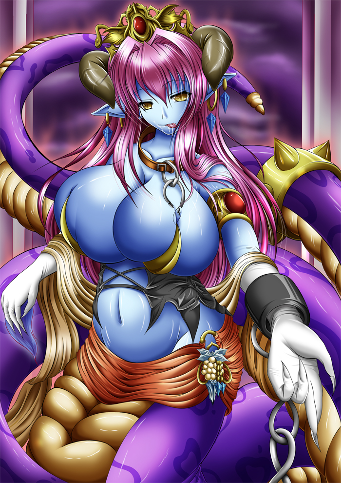 1girl armlet bare_shoulders blue_skin breasts bursting_breasts chains collar cuffs curvy earrings female fingernails gloves hair_intakes hair_ornament hentai_usimoyou horns huge_breasts jewelry lamia long_hair looking_at_viewer monster_girl mound_of_venus navel pink_hair pointy_ears saliva solo tiara tongue yellow_eyes