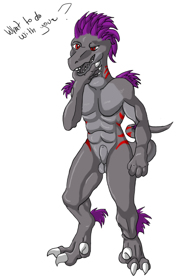 color dialog dialogue dinosaur eyes feathers flat_shade hair istelthedragon male markings penis plain_background purple purple_hair question raptor red red_eyes red_markings scalie smile solo standing stripes teeth text white_background