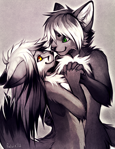 anthro claws couple cute duo eye_contact falvie female green_eyes grey_theme hand_holding male orange_eyes smile unknown_species